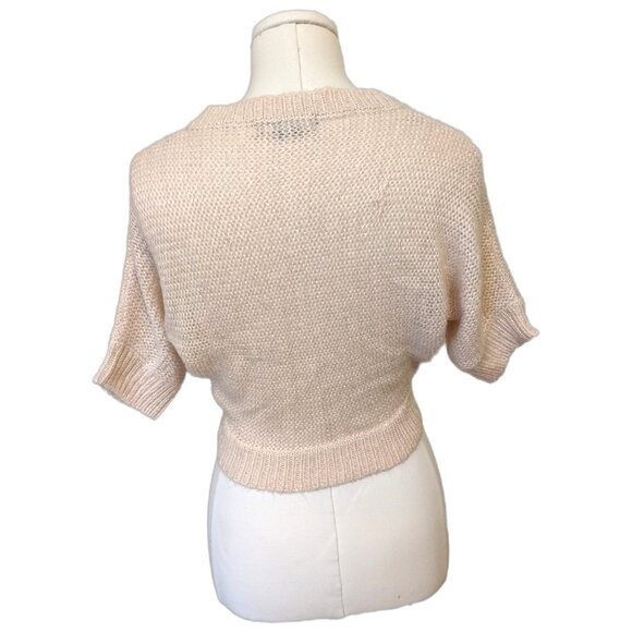 Womens Beige Knit Shrug Cardigan Glitter Fall Girly Elegant Short Sleeve Sz M - Picture 5 of 6